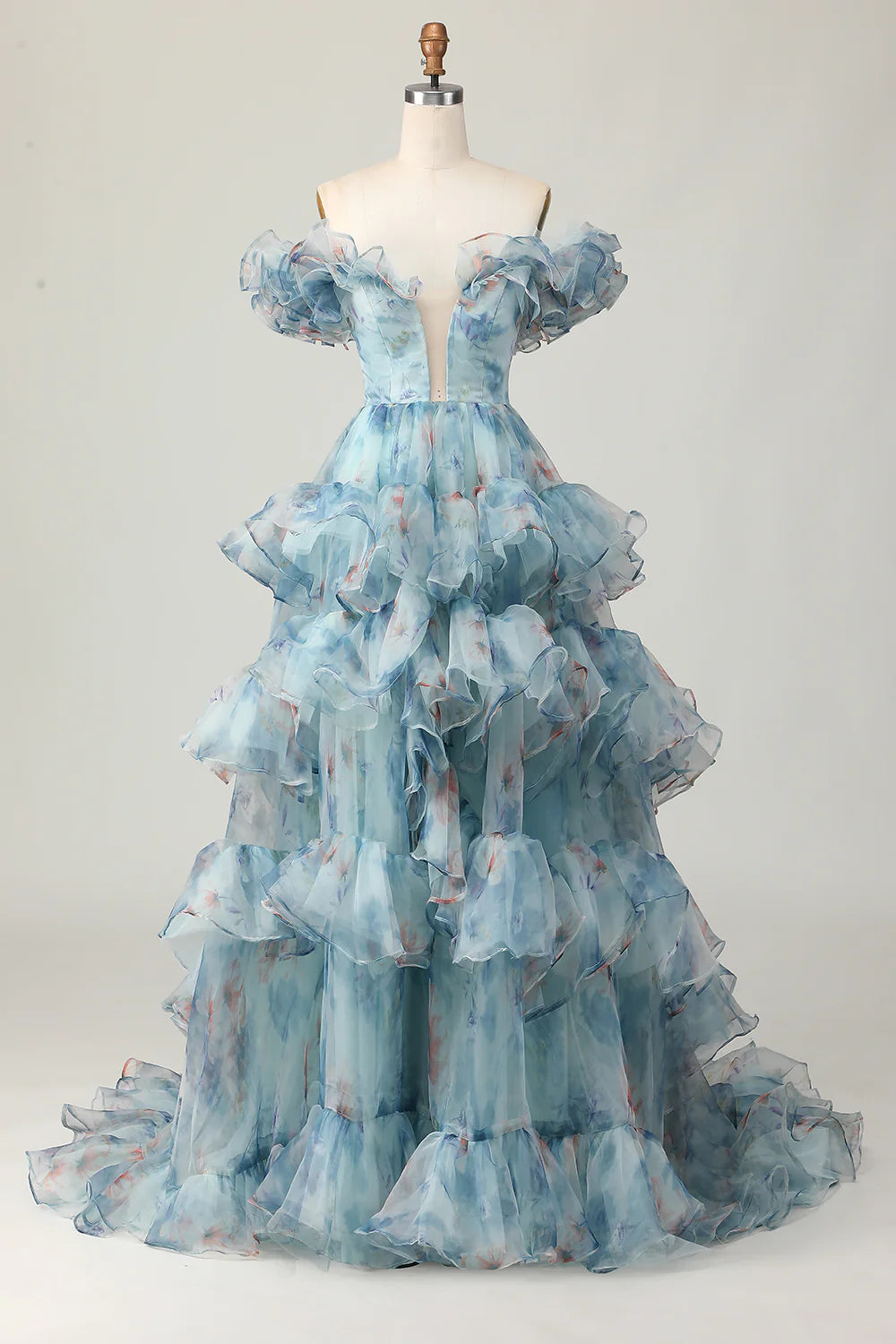 Fashion Floral Off the Shoulder A Line Long Prom Dress with Ruffled
